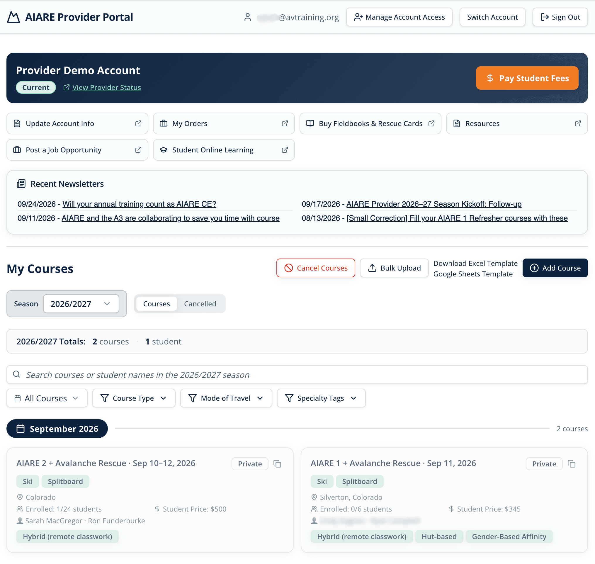 The AIARE Provider Portal home screen, with account links, recent newsletters, a season selector, course search and filters, and course cards