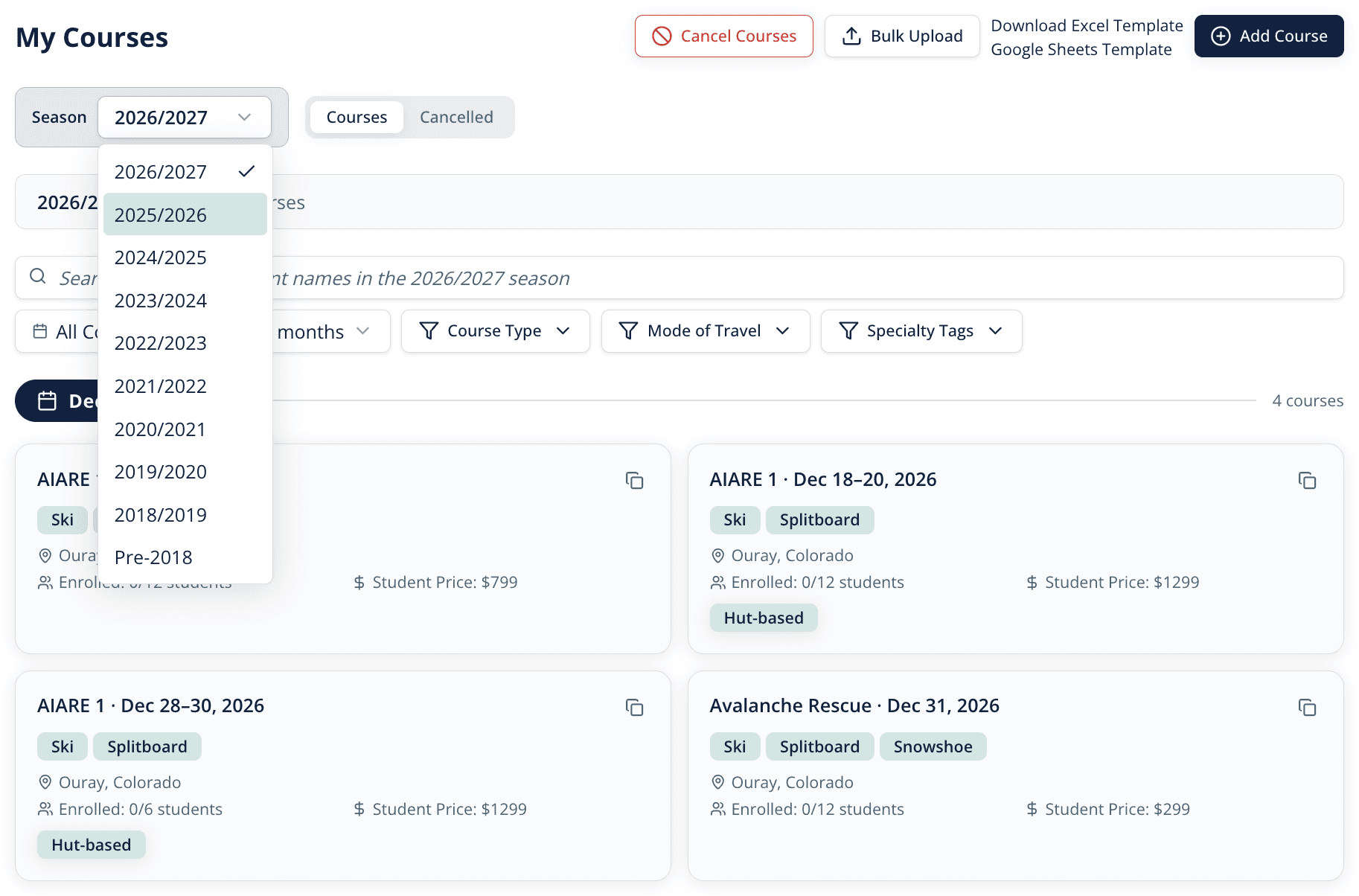 The season dropdown in the AIARE Provider Portal, listing every season from 2026/2027 back to Pre-2018
