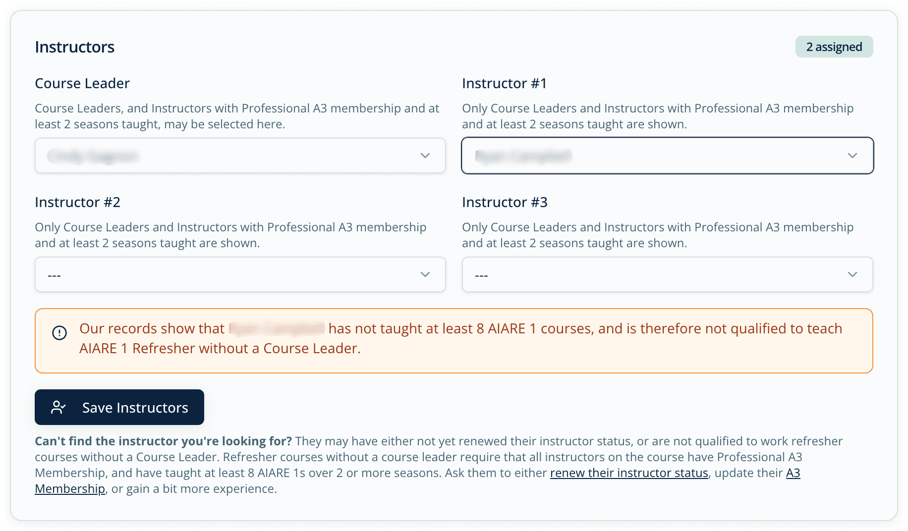 The instructor assignment panel warning that an instructor is not qualified to teach an AIARE 1 Refresher without a Course Leader