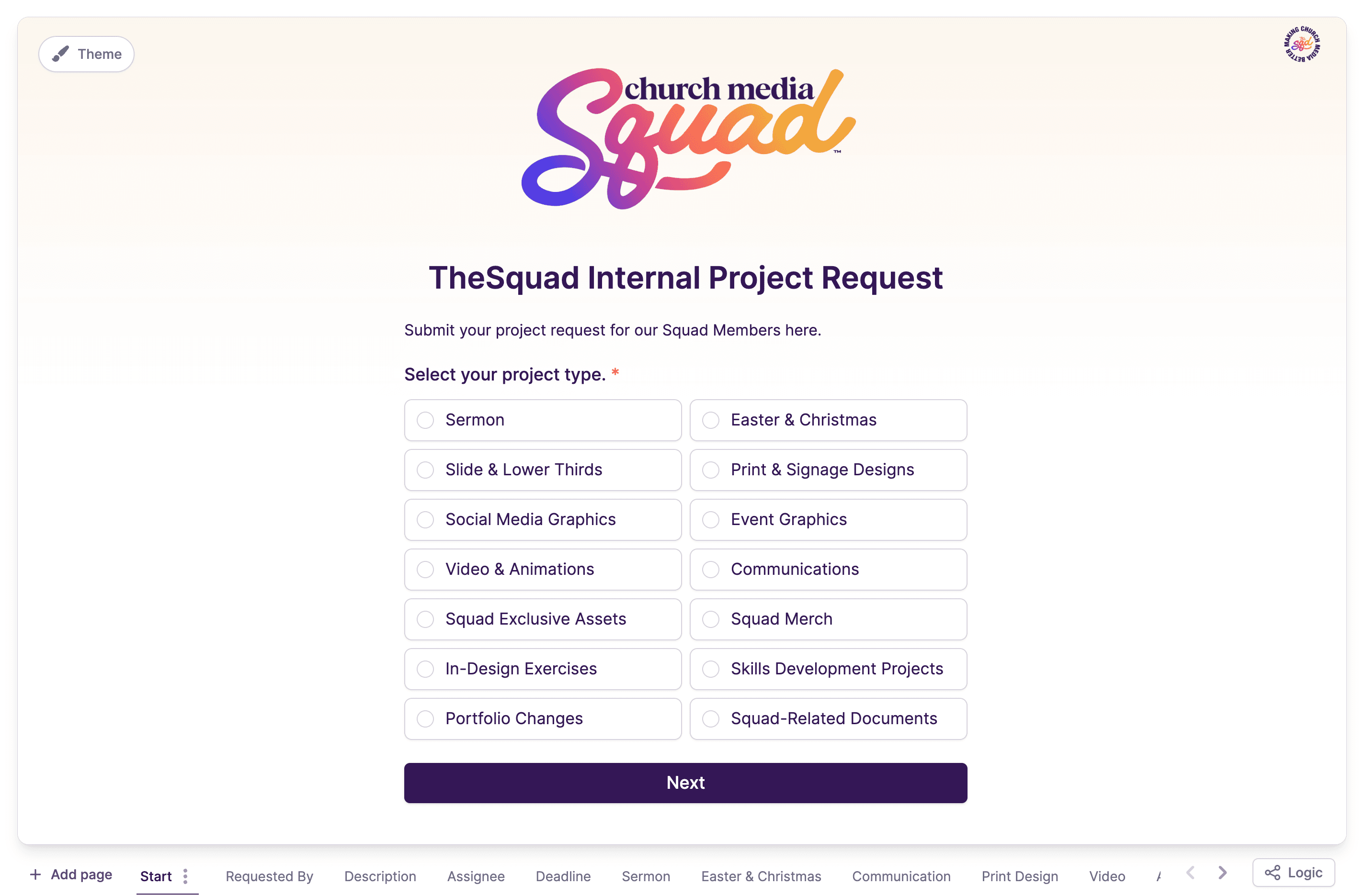 Church Media Squad internal project request form with category selection