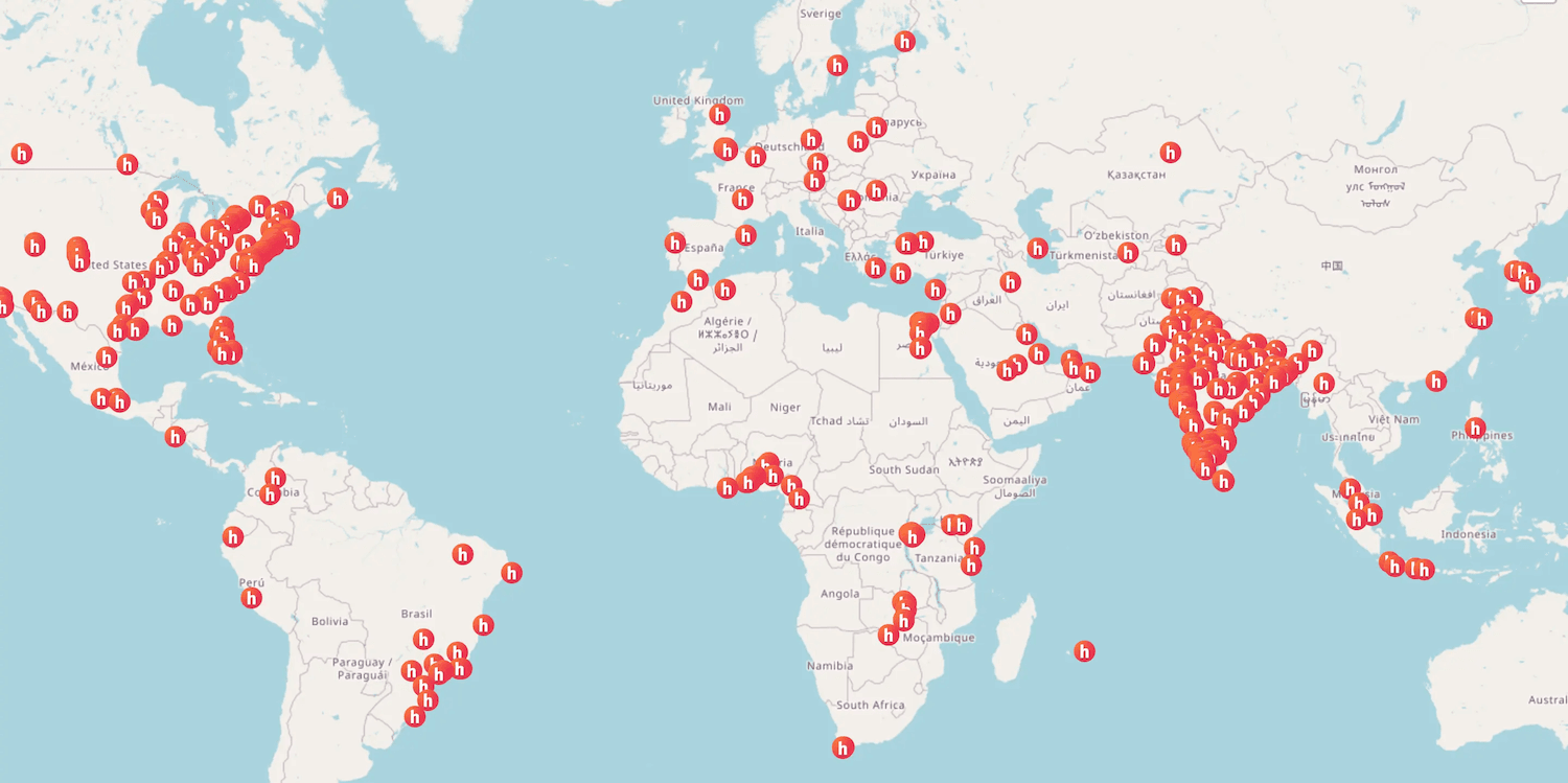 Map of Hack Club programs around the world