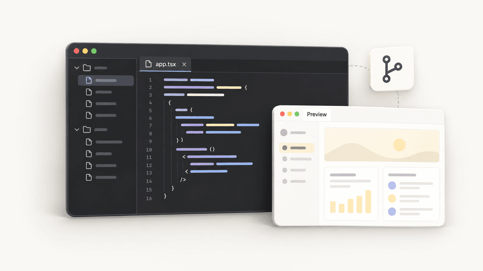 A code editor alongside a product preview and source control.