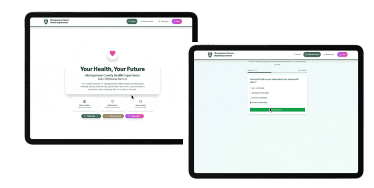 Montgomery County Teen Wellness Center site built in Zite, showing landing page and a wellness questionnaire
