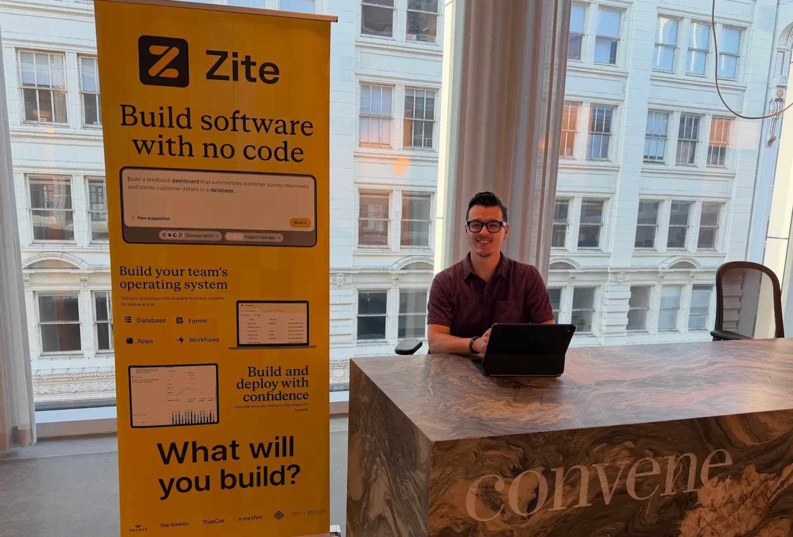 The Zite banner beside the check-in desk at Convene in San Francisco