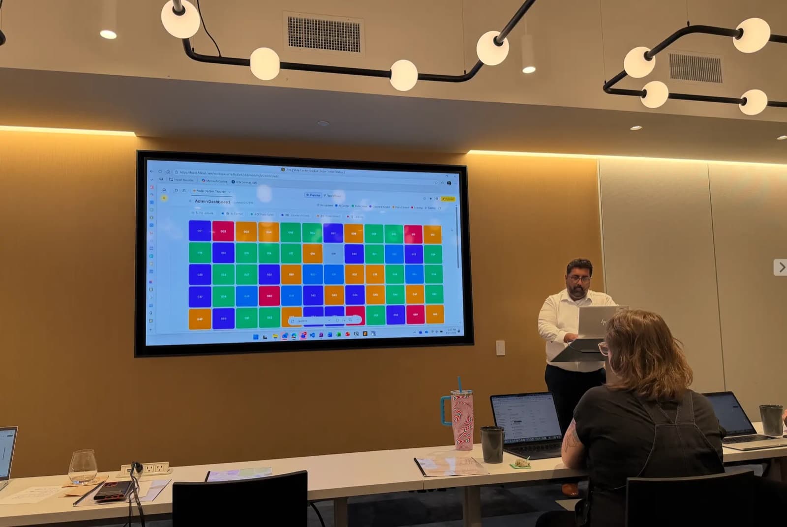 Ravi Udeshi presenting a Vote Center Tracker dashboard with color-coded vote center tiles