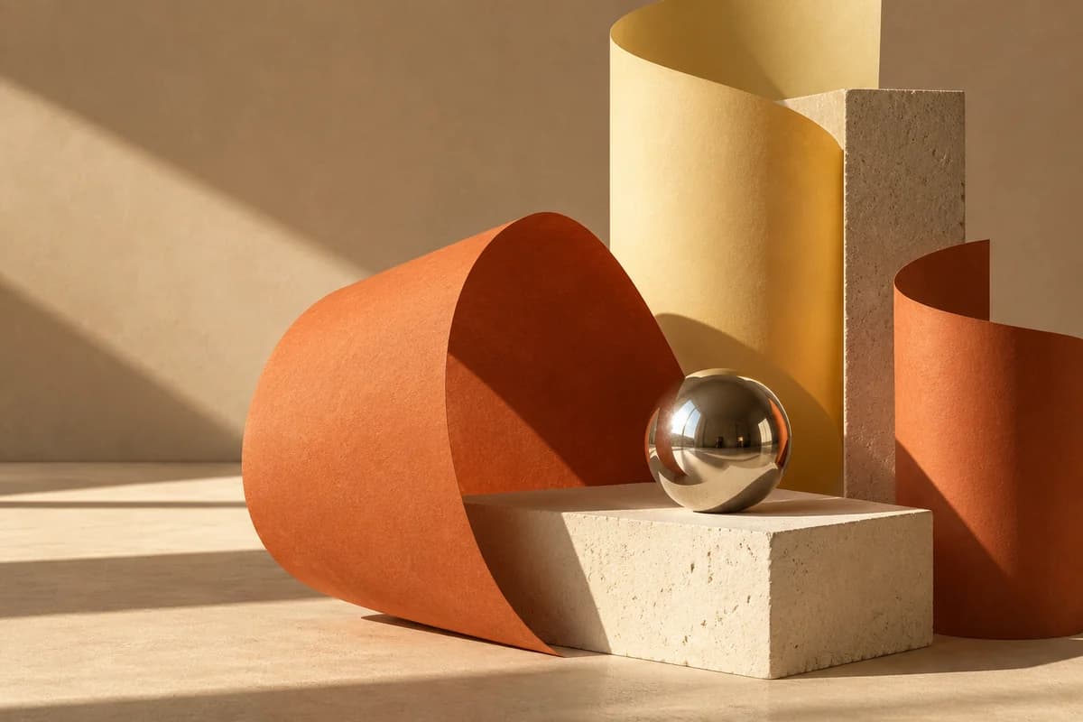 Sculptural terracotta and golden paper forms in warm sunlight, a featured Forma design project