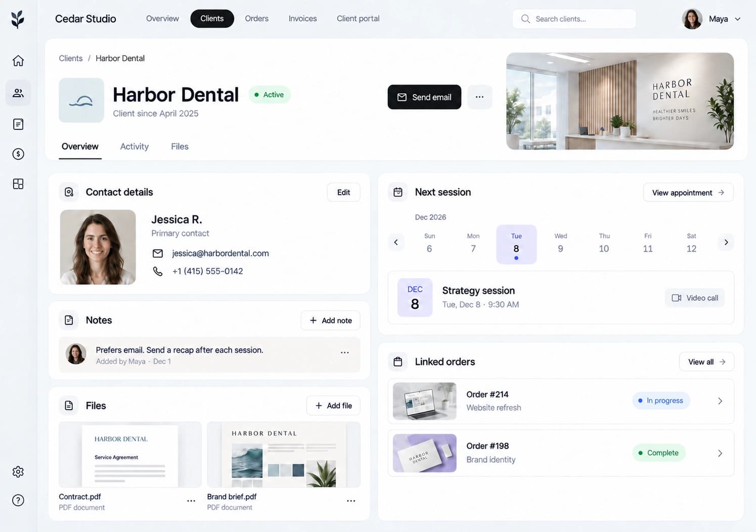 Harbor Dental's client record in Cedar Studio, with contact details for Jessica R., notes, files, the next session and linked orders